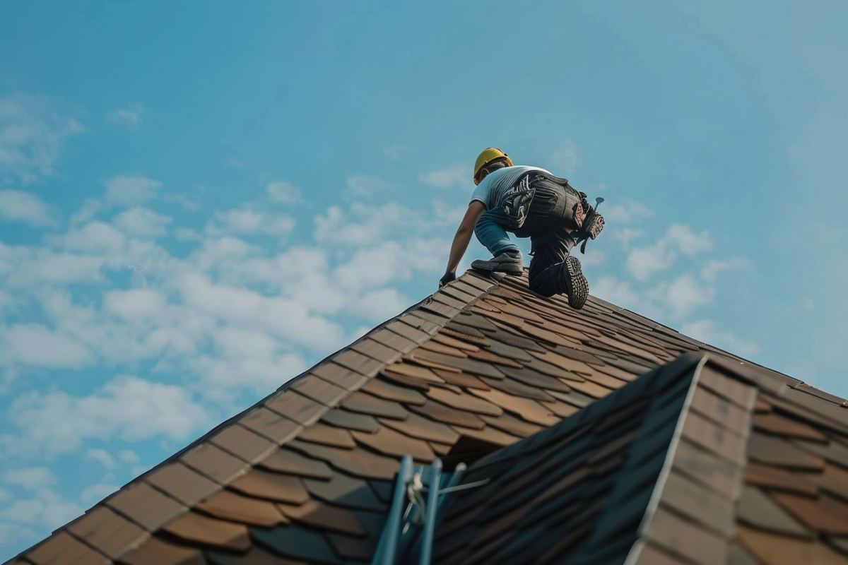 Roofer working on a sloped roof under a clear sky