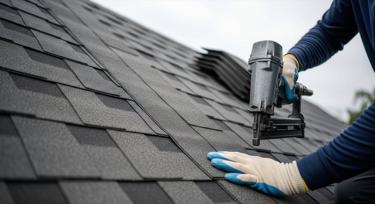 Nail gun fastening new architectural shingles