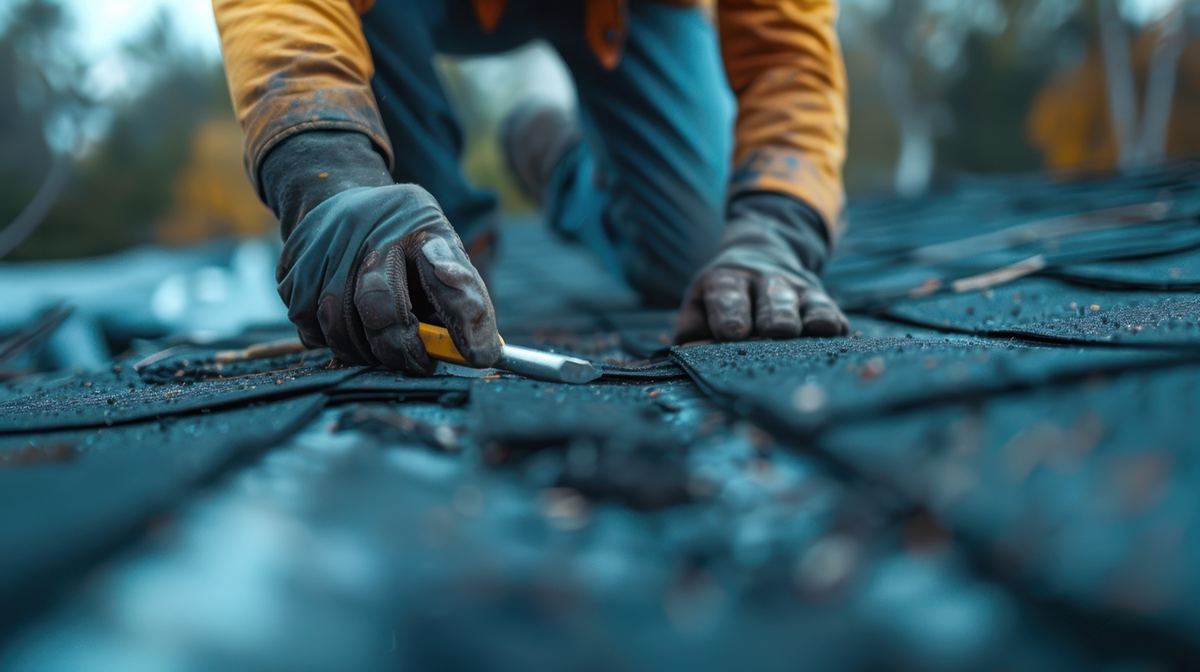 Roofer repairing shingles with a hand tool