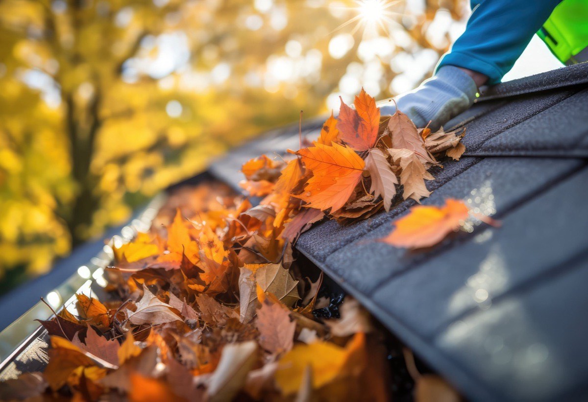 Autumn leaves packed into a gutter along a roof edge
