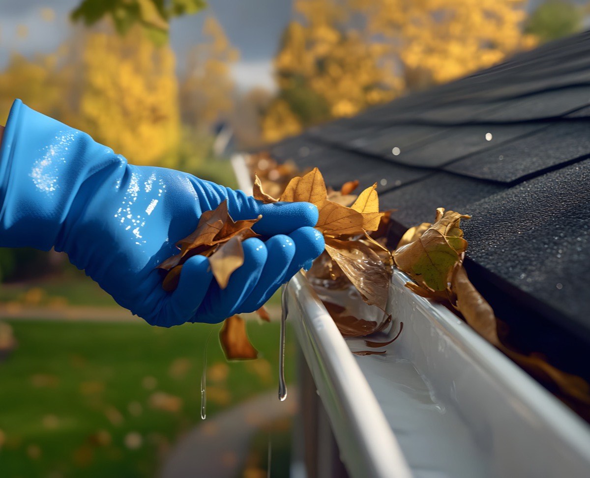 Gloved hand clearing leaves from a gutter