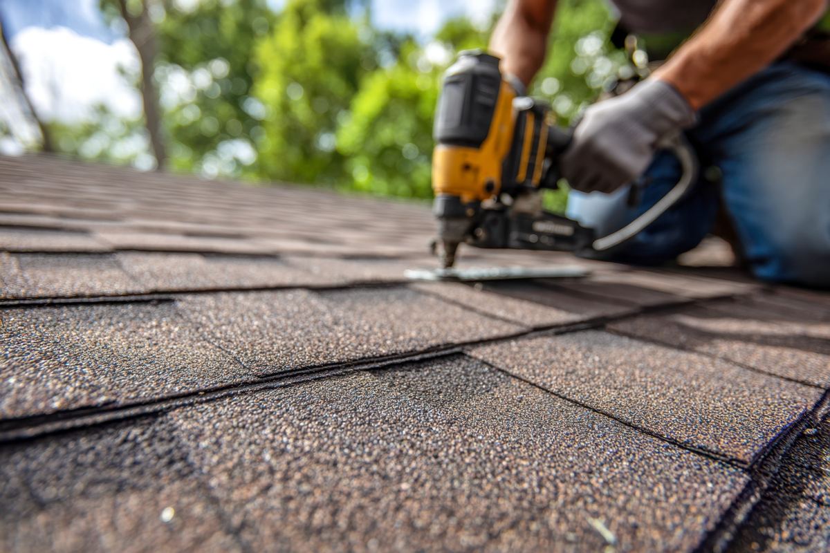 Roofer fitting textured shingles by hand