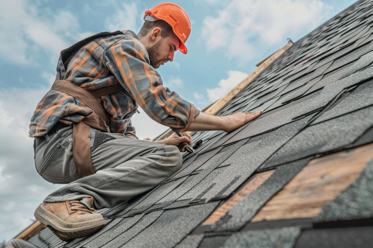 Roofer installing architectural shingles